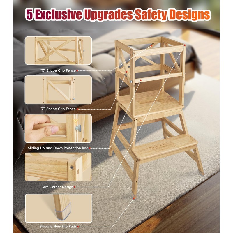 Toddler Tower,Kitchen Step Stool with CPC Certification,Sliding Anti-Fall Safety Bar,Solid