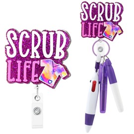 Hotlea Funny Nurse Badge Reel with Pen Set RN LPN CNA Healthcare Practical Badge Accessories for Work Including Retractable Badge Reel, Mini Highlighter, Permanent Marker, Ballpoint Pen - Purple