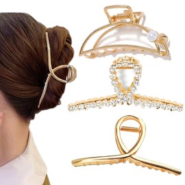 Pack of 3 Large Hair Clips for Women Hair Clip Non-Slip Gold-Coloured Hair Clip with Rhinestones Hair Clip Gold Thick Hair Accessories Women Large for Women and Girls