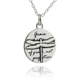 FashionJunkie4Life Sterling Silver Dragonfly Necklace | Round Charm with Stamped Text Quote, 18" Chain | Inspirational Grace Gift for Women