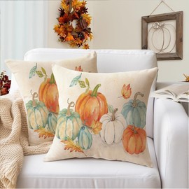 RABUSOFA Fall Decor Pillow Covers 18x18 Inch Set of 2,Pumpkin Autumn Thanksgiving Decorative Throw Pillow Covers,Maple Leaves Cushion Covers for Home Sofa Couch