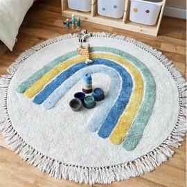 ZOYIEP Rainbow Children's Rug, Round Rug, Children's Room Play Mat, Baby Mat, Washable Floor Mat, Baby Mat, Non-Slip, Large Play Mat (Blue, 60 x 60 cm)