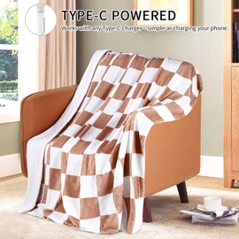 USB Type-C Powered Heated Throw Blanket for Women, 50" X 60" 9V 18W Portable Brown Grid Print Electric Heating Blanket with 3 Heat Setting,8-Zone Graphene Heating Blankets for Couch Car Office Outdoor
