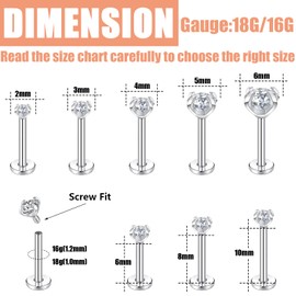 ZS 16G/18G Lip Labret Studs, Stainless Steel Internally Threaded Jewelry for Nose Conch Medusa Piercing, CZ Forward Helix Tragus Earring for Women Men (Sliver/18g/6mm)