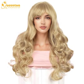 QUEENTAS 24 Inch Long Blonde Wigs for Women Wavy Cruly Wig Synthetic Hair the Wig with Bangs