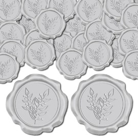 CRASPIRE 50pcs 1 Box Eucalyptus Leaf Wax Seal Stickers Silver Wedding Invitation Envelope Sealing Stickers Decoration Stickers Adhesive Envelope Decor for Christmas Gift Birthday Party Craft Scrapbook