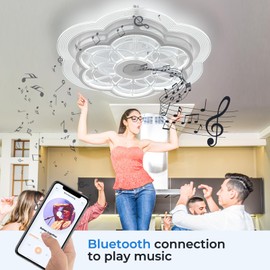 Ceiling Fan with Lights Remote Control, Enclosed flower light fan, with Bluetooth Speaker 3 Colors Dimmable 6 Speeds, Flush Mount Bladeless Petal Chandelier APP Control 19.6 In for Bedroom, Indoor