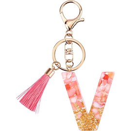 Rohans Pink and Gold Resin Alphabet Initial Letter Keychain, Bag Charm, Key Ring with Lobster Clasp (V)
