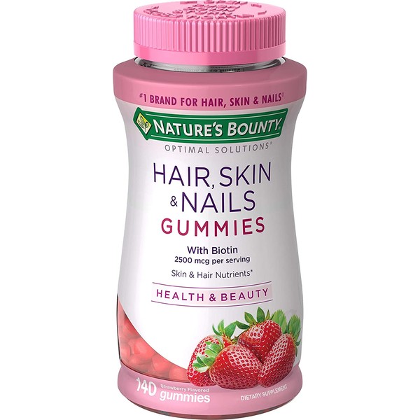 Nature's Bounty Vitamins with Biotin & Vitamin C Optimal Solutions, Hair Skin and Nails Gummies, 140 Count (Pack of 1), Strawberry Flavored