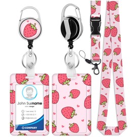 Toykee ID Badge Holder with Lanyard and Retractable Badge Reel Clip, Cute Girly Strawberry Card Name Tag Lanyard Vertical ID Protector Bage Clips for Nurse Nursing Doctor Teacher Student