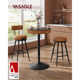 VASAGLE EKHO Collection - Height Adjustable Bar Table, Round High Pub Table with Storage, Synthetic Leather with Stitching, Mid-Century Modern, Kitchen Bar Living Room, Ash Brown and Caramel Brown