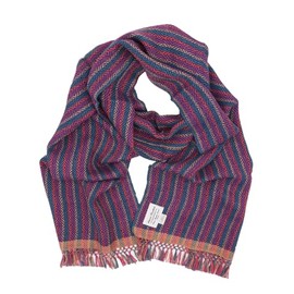 100% Baby Alpaca Diamonds Fall Striped Handwoven Multi-Color Scarf (Rose & Red & Teal)