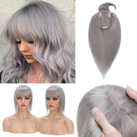 Benehair 100% Remy Human Hair Toppers for Women with Bangs 150% Density Hand Made Silk Base Clip in Hair Pieces for Women with Slight Hair Loss Thinning Hair Cover Gray Hair -12 Inch Grey