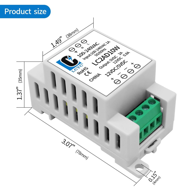 5V 12V Power Supply din Rail，2A 0.8A,Dual Output 10W,Input 100-240Vac,120VAC