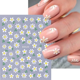 White Daisy Nail Art Stickers - Small Floral Nail Decals 3D Self-Adhesive Nail Design Summer Art Supplies Flower Adhesive Transfer Slider DIY Spring Flower Sticker for Women 3Sheets