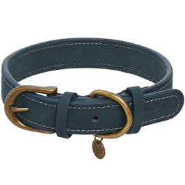 Blueberry Pet Soft & Comfy Genuine Full Grain Leather Adjustable Dog Collar - Navy Blue, Small, Neck 12"-15"