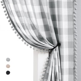 Pom Pom Check Curtains Grey White Gingham Plaid Curtain Panels for Kids Bedroom 54-Inch Farmhouse Pencil Pleat Buffalo Checkered Light Filtering Semi Sheer Window Treatments for Living Room, 40"w 2pcs
