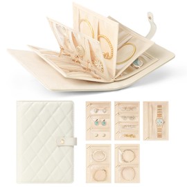 HOMEHIVE Anti-Tarnish Jewelry Organizer Book for Travel - Jewelry Storage Binder with Tangle-Free Divided Compartments & Easy-Find Clear Pouches, Mothers Day Gifts for Women, Cream