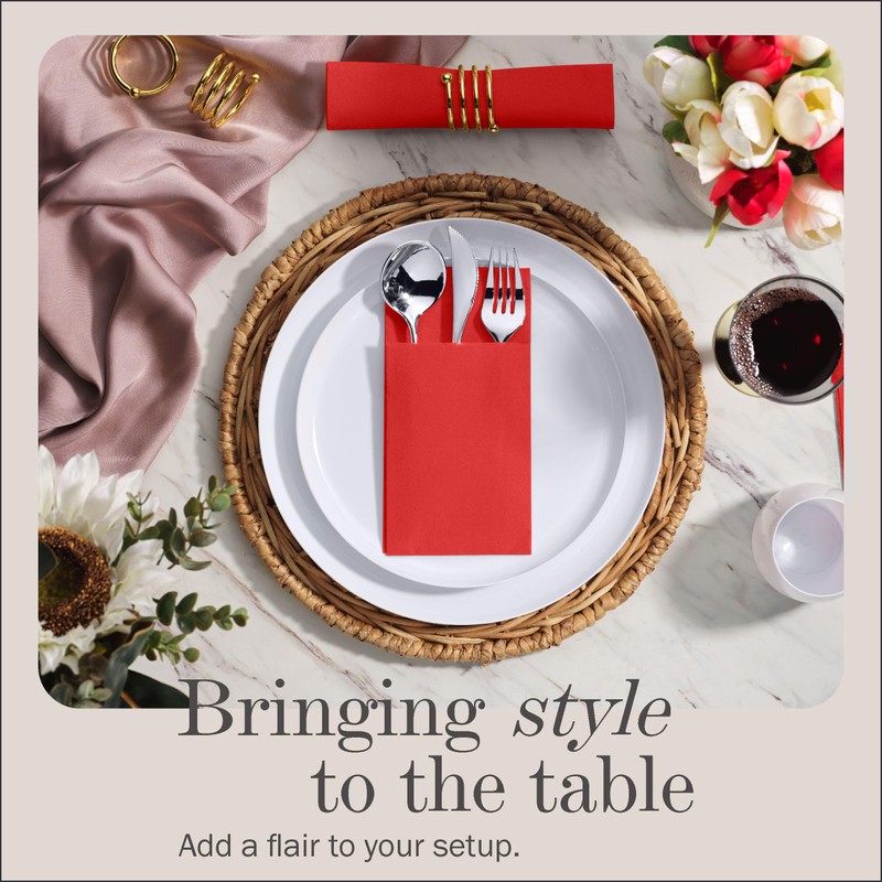 100-Pack Disposable Napkins With Pocket For Flatware, Red Napkins Paper