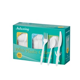 JALUXING White Plastic Forks Spoons Knives Heavyweight Utensils Disposable Silverware Heavy Duty Cutlery Set [300 Combo Box]