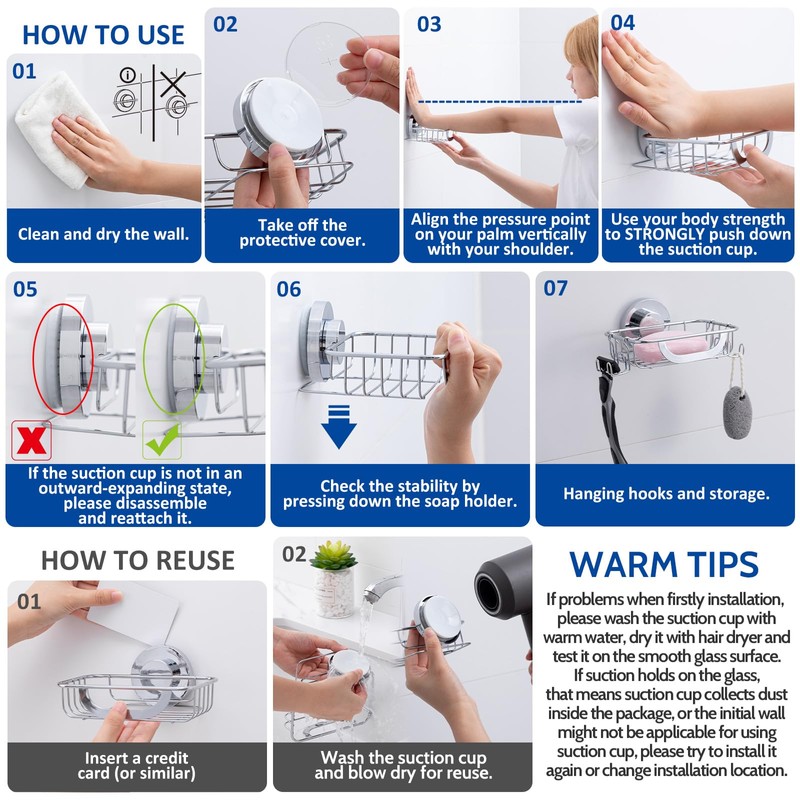 SWAMTIK Suction Cup Soap Dish with 4 Hooks, Stainless Steel