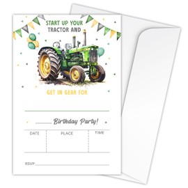 Zodvery Start Your Tractor Birthday Party Invitations Cards - Farmyard Green Tractor Party Invites for Girls Boy - Kids Fill in the Blank Invites Favors Supplies, 20 Cards with Envelopes set/B10
