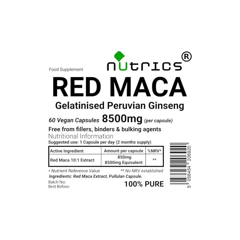 Nutrics® 8500mg (per Capsule) GELATINISED RED MACA Root Extract 60