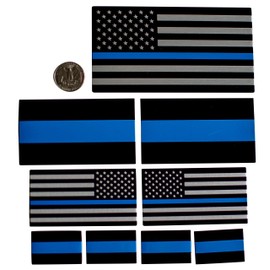 Aluminum Thin Blue Line Sticker Emblems | in Support of Police Officers and Law Enforcement | Bundle – 9 Items: 1 Thin Blue Flag, 2 Blue Line, 1 Mirror Set Flags, 4 License Stickers