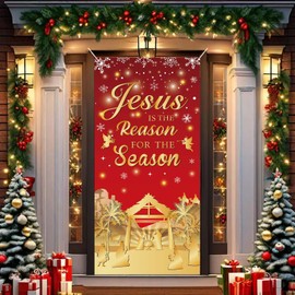 Christmas Nativity Scene Door Cover – Red Gold Jesus Holy Night Christmas Door Decorations Porch Sign Religious Front Door Hanging Backdrop for Holiday Christmas party Supplies 70.9 x 35.4 inches