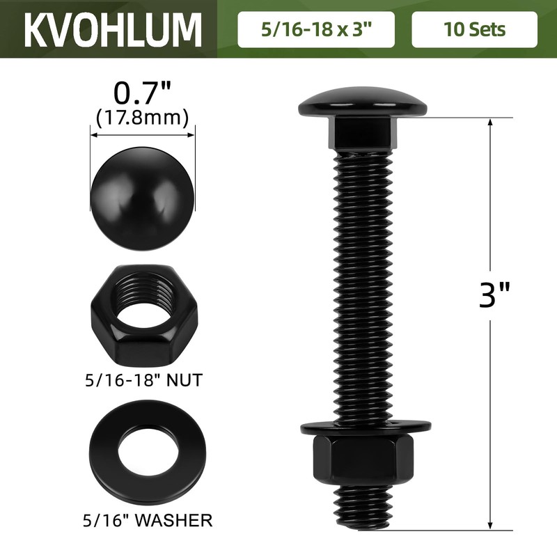 10 Sets 5/16-18 x 3" Carriage Bolt Kit, Round Head