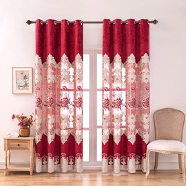 ELKCA Luxury Burgundy Red Chenille Floral Embroidered Curtains for Bedroom Peony Floral Curtains for Bedroom,Grommet Top,52" W x 96" L,2 Panels