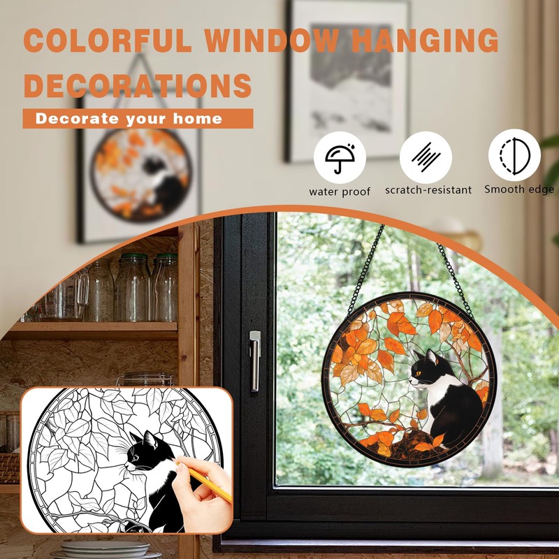 Xuoxeji Black Cat Stained Glass Window Hanging, 20cm/7.87in Black Cat