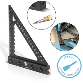 STAHLWERK Angle triangle with stop and marking needle, metric aluminium angle ruler, stop angle triangle, carpenter's square for precise measuring, scribing, marking and drawing