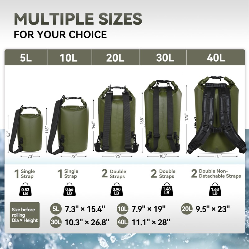MARCHWAY Floating Waterproof Dry Bag Backpack 5L/10L/20L/30L/40L, Roll Top Sack