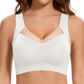 DOCUMO Seamless Bras for Women No Underwire Comfortable Push Up Wireless Bra Mesh Padded Back Smoothing T Shirts Bralette(White,Large)