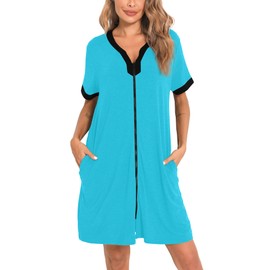 SWOMOG Women Zipper Front House Coat Short Sleeves Robe Zip up Bathrobes Short Nightgown with Pockets S-3XL Peacock Blue Large