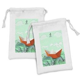 Ambesonne Ocean Fabric Pouch Set of 2, Navy Sealife with Waves and a Paper Sail Ship with Travel Words Image, Small Drawstring Bag for Toiletries Masks and Favors, 9" x 6", Sky Blue Orange