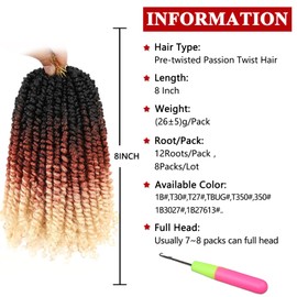 Xtrend Pre twisted Passion Twist Hair 8 Inch 8Packs Crochet Braiding Hair 12strands Bohemian Hair Ombre Crochet Passion Twist Braiding Hair Curly Ends Twist Hair Ombre 1B/27/613