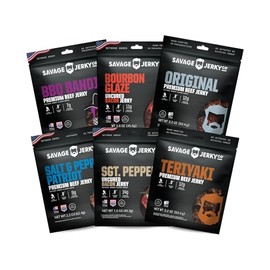 SAVAGE Bacon Jerky and Beef Jerky Variety - Salt & Pepper Patriot, Teriyaki, BBQ Bandit, Original, Bourbon Glaze, Sgt. Pepper (Pack of 6) - Gluten Free, High Protein, Low Calorie