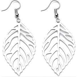 Cute Bohemian Nature Wooden Fall Leaf Earrings Hollow Autumn Plant Drop Dangle for Women Gifts Charms, 2.44 inches Length, Lightweight Metal (Silver Color)