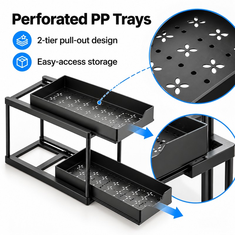 2-Tier Pull-Out Under Sink Organizer - Black Sliding Storage Rack