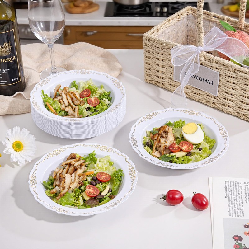 DaYammi 100 Pack Plastic Bowls with Gold Rim, 12oz Disposable