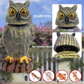 Hausse 2 Pack Bird Scarecrow Fake Owl Decoy Sculpture, 10.6 Inch Height Golden Rotating Head Plastic Owl Bird Deterrents, Nature Enemy Horned Pest Repellent for Outdoor Garden Yard