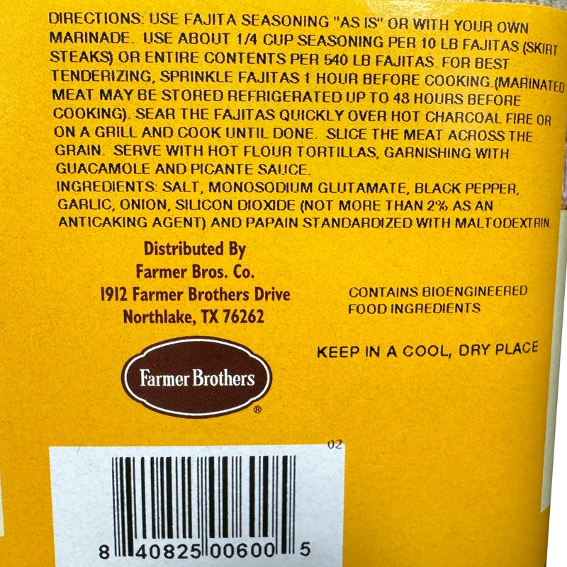 Farmer Brothers Fajita Seasoning (With Tenderizer), 9 LB Bottle