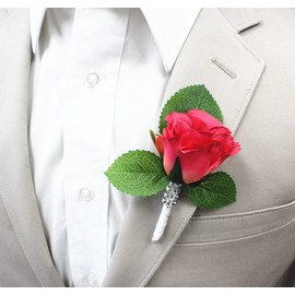 Angel Isabella Boutonniere-Nice Hand-Crafted Rosebud Keepsake Artificial Flower-Pearl Headed Pin Included (Hot Pink)