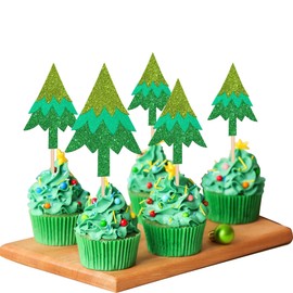 24 piezas de adornos para cupcakes de árbol de Navidad con purpurina para árbol de Navidad para decoración de pasteles de Navidad, Navidad, Año Nuevo, día festivo, fiesta, suministros de decoración de pasteles