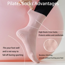 Yoga Pilates Socks Non Slip Grip Socks for Women (5 Pairs) Non Skid Gripper Crew Socks for Yoga Hospital Pilates Barre Home(Color 2)