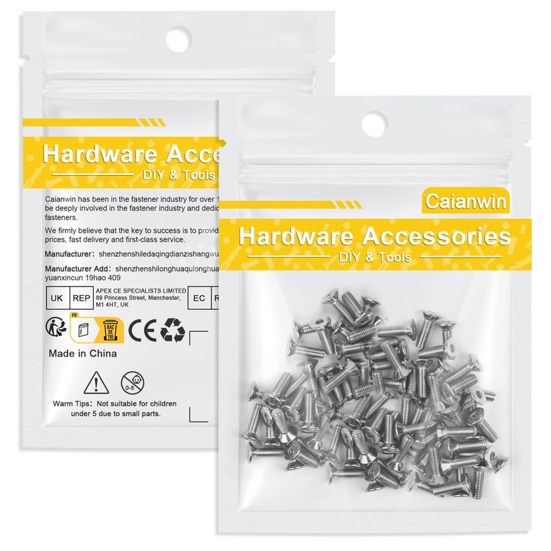 Caianwin 100Pcs M3*8mm Hex Countersunk Bolts DIN7991 Machine Screws 304