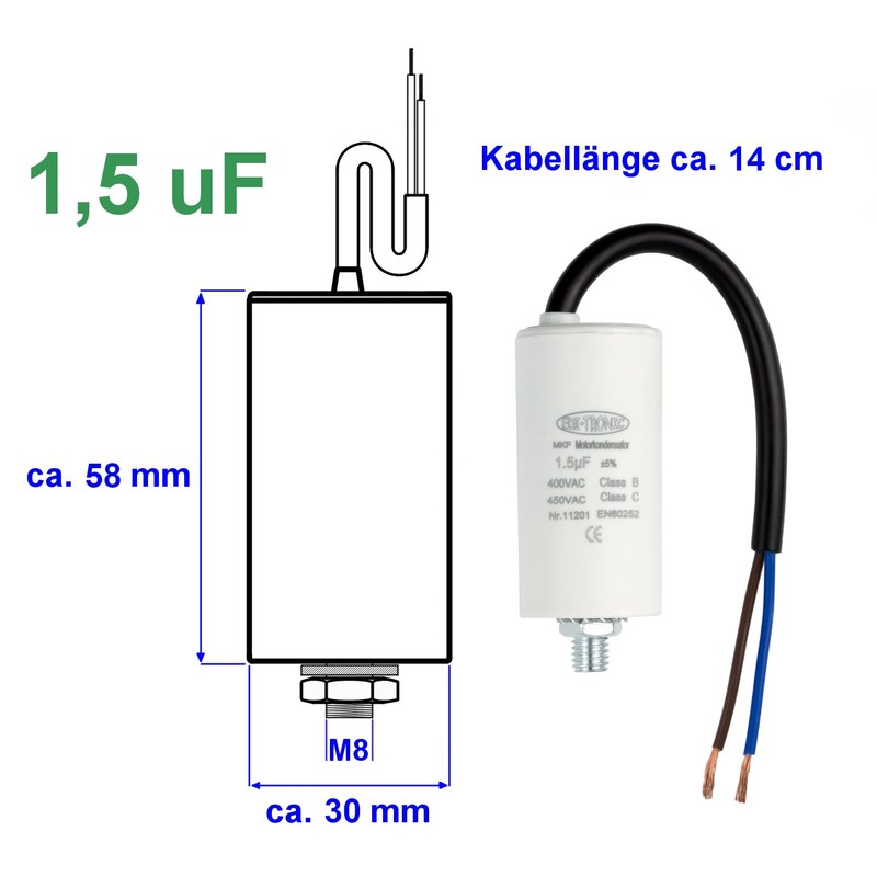 Starting Capacitor, Motor Capacitor, Working Capacitor, Cable 1.5 μF, 450