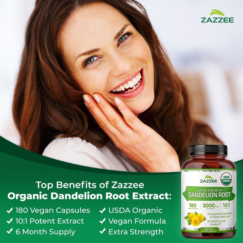 Zazzee USDA Organic Dandelion Root 10:1 Extract, 180 Capsules, 6